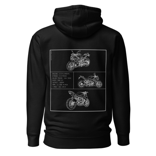 BMW S1000R Blueprint Biker Hoodie in Schwarz mit Rücken-Print