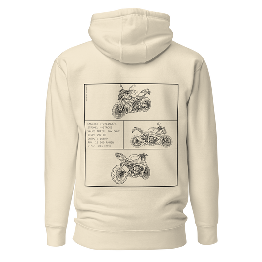 BMW S1000R Blueprint Biker Hoodie in Beige mit Rücken-Print