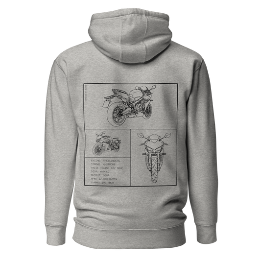 Honda CBR650R Blueprint Biker Hoodie in Hellgrau mit Rücken-Print