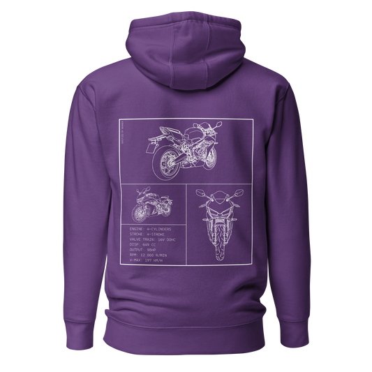 Honda CBR650R Blueprint Biker Hoodie in Lila mit Rücken-Print