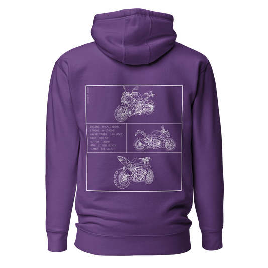 BMW S1000R Blueprint Biker Hoodie in Lila mit Rücken-Print