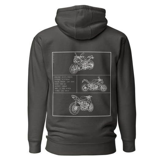 BMW S1000R Blueprint Biker Hoodie in Dunkelgrau mit Rücken-Print