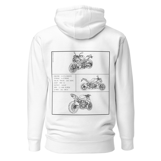 BMW S1000R Blueprint Biker Hoodie in Weiß mit Rücken-Print
