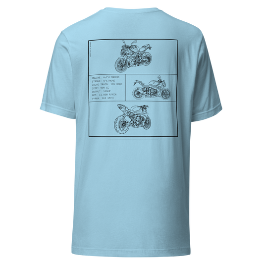 BMW S1000R Blueprint Biker T-Shirt in hellblau mit Rücken-Print