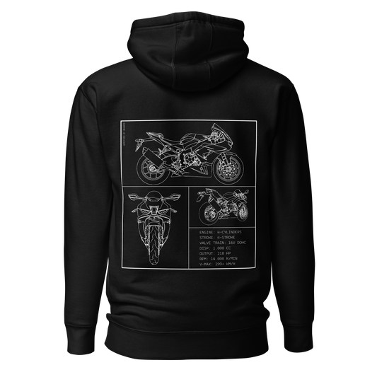 Honda CBR 1000RR Fireblade Blueprint Biker Hoodie in Schwarz mit Rücken-Print