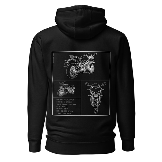 Honda CBR650R Blueprint Biker Hoodie in Schwarz mit Rücken-Print