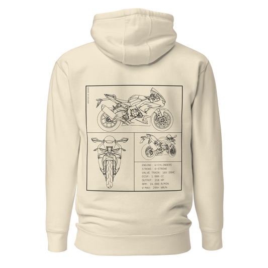 Honda CBR 1000RR Fireblade Blueprint Biker Hoodie in Beige mit Rücken-Print