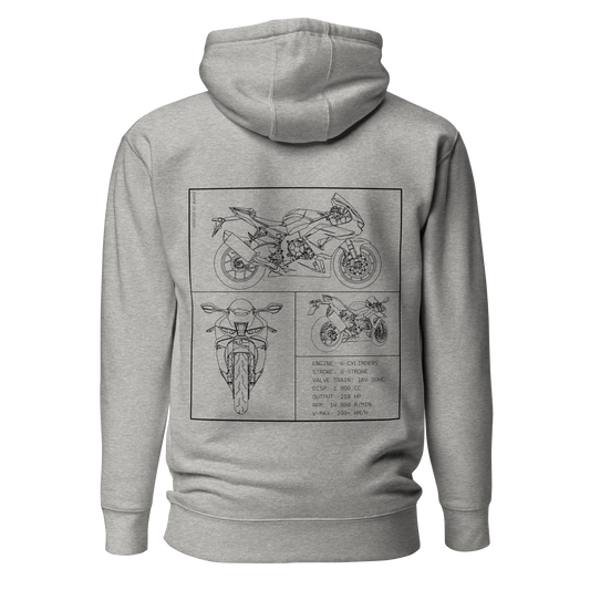 Honda CBR 1000RR Fireblade Blueprint Biker Hoodie in Hellgrau mit Rücken-Print