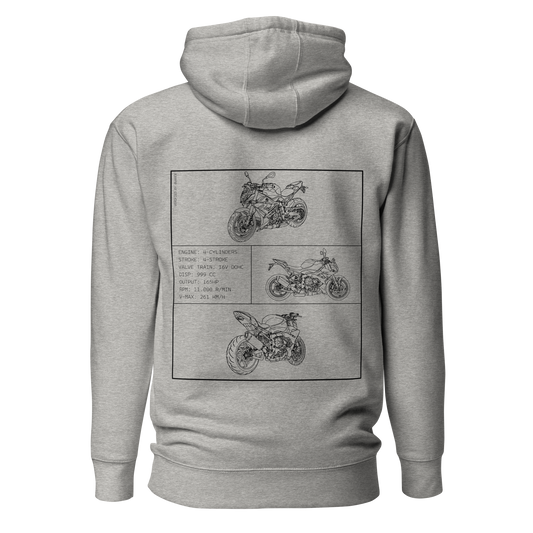 BMW S1000R Blueprint Biker Hoodie in Hellgrau mit Rücken-Print