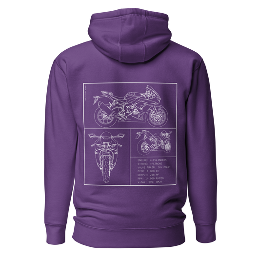 Honda CBR 1000RR Fireblade Blueprint Biker Hoodie in Lila mit Rücken-Print