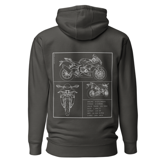 Honda CBR 1000RR Fireblade Blueprint Biker Hoodie in Dunkelgrau mit Rücken-Print