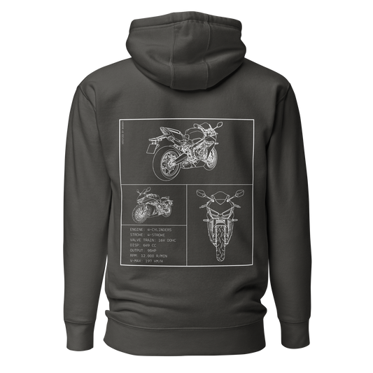 Honda CBR650R Blueprint Biker Hoodie in Dunkelgrau mit Rücken-Print