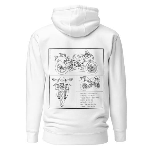 Honda CBR 1000RR Fireblade Blueprint Biker Hoodie in Weiß mit Rücken-Print