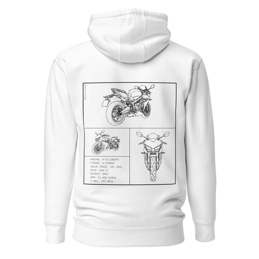 Honda CBR650R Blueprint Biker Hoodie in Weiß mit Rücken-Print