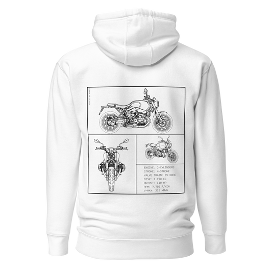 BMW R NineT Blueprint Biker Hoodie in Weiß mit Rücken-Print