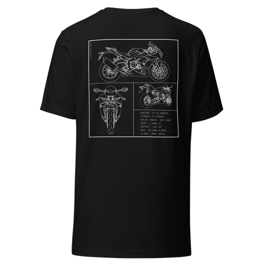 Honda CBR 1000RR Fireblade Blueprint Biker T-Shirt in Schwarz mit Rücken-Print