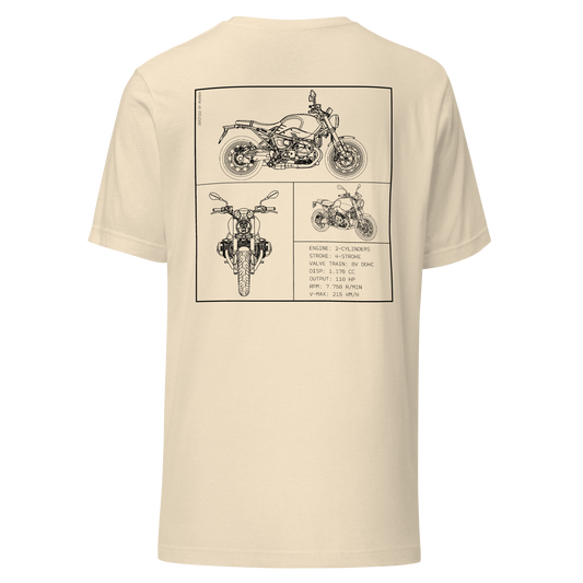 BMW R NineT Blueprint Biker T-Shirt in Beige mit Rücken-Print