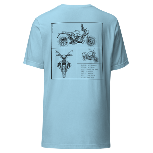 BMW R NineT Blueprint Biker T-Shirt in hellblau mit Rücken-Print