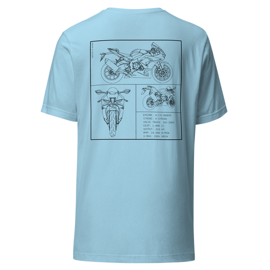 Honda CBR 1000RR Fireblade Blueprint Biker T-Shirt in hellblau mit Rücken-Print