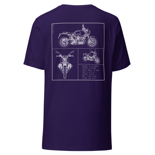 BMW R NineT Blueprint Biker T-Shirt in Lila mit Rücken-Print