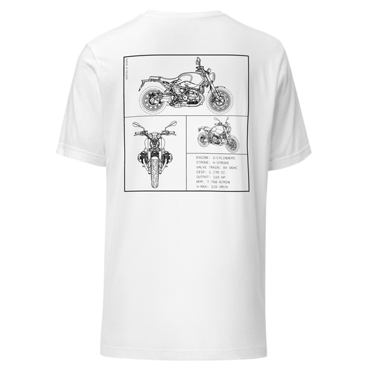 BMW R NineT Blueprint Biker T-Shirt in Weiß mit Rücken-Print