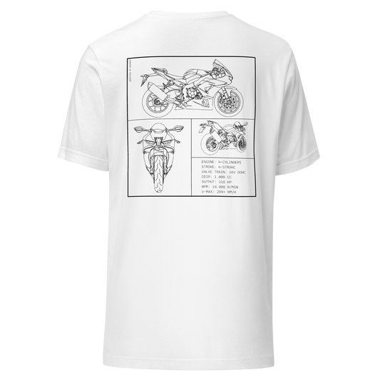 Honda CBR 1000RR Fireblade Blueprint Biker T-Shirt in Weiß mit Rücken-Print